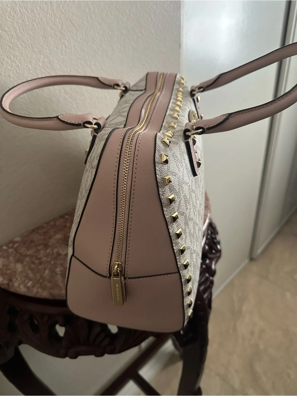Michael Kors Blush Pink MK Logo Dome Satchel with Gold Studs